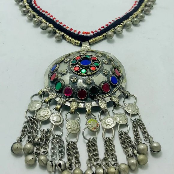 Tribal Afghani Pendant Necklace With Glass Stones and Bells - Picture 7 of 10